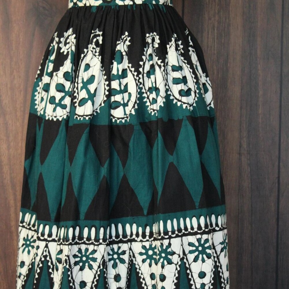 Vintage 1960s 1970s Skirt, Black Teal and White Maxiskirt, Batik Print, - Picture 7 of 10